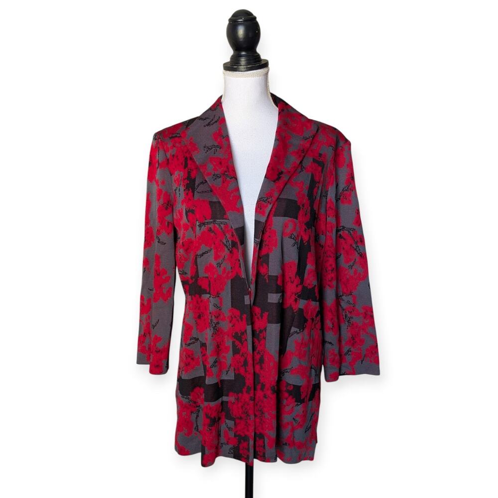 Ming Wang Red Black Abstract Floral Knit Blazer Jacket Sz XL Collared 3/4 Sleeve